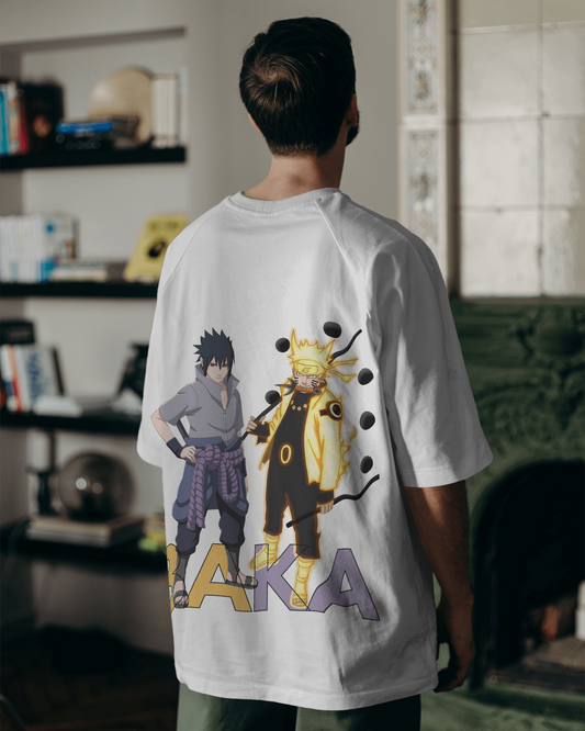 Naruto and Sasuke Baka White Oversized Tshirt